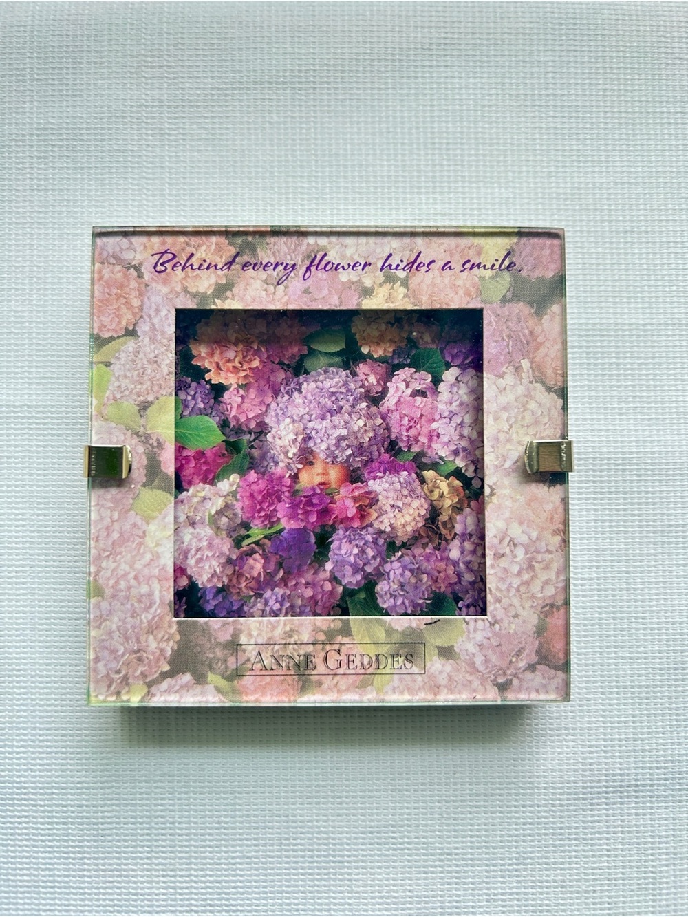 Hallmark Anne Geddes Glass Gallery Photo Frame Purple Lilacs 3” 1998 New In Box - Picture 3 of 11